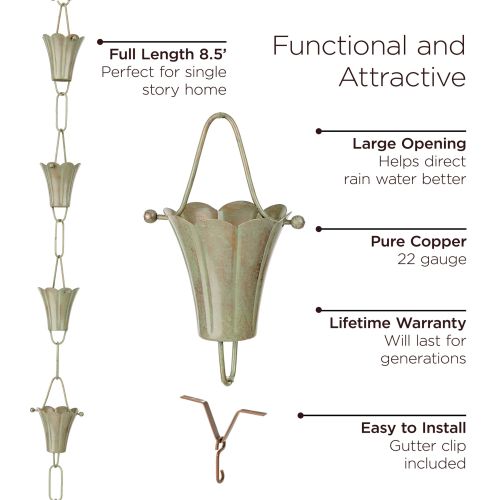 Fluted Flower Pure Copper Rain Chain 8.5 ft.
